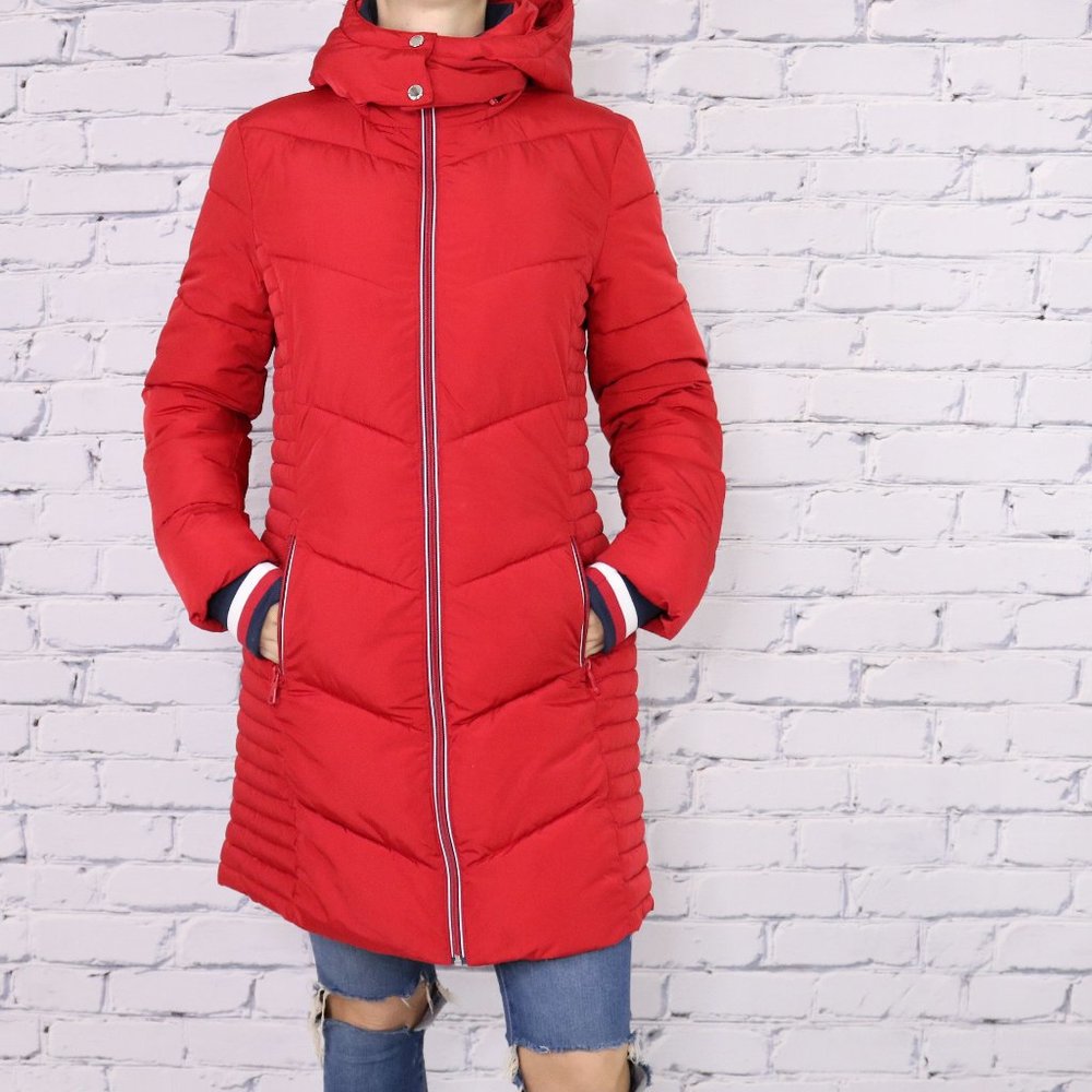 NWT Tommy Hilfiger red quilted long coat detachable hood